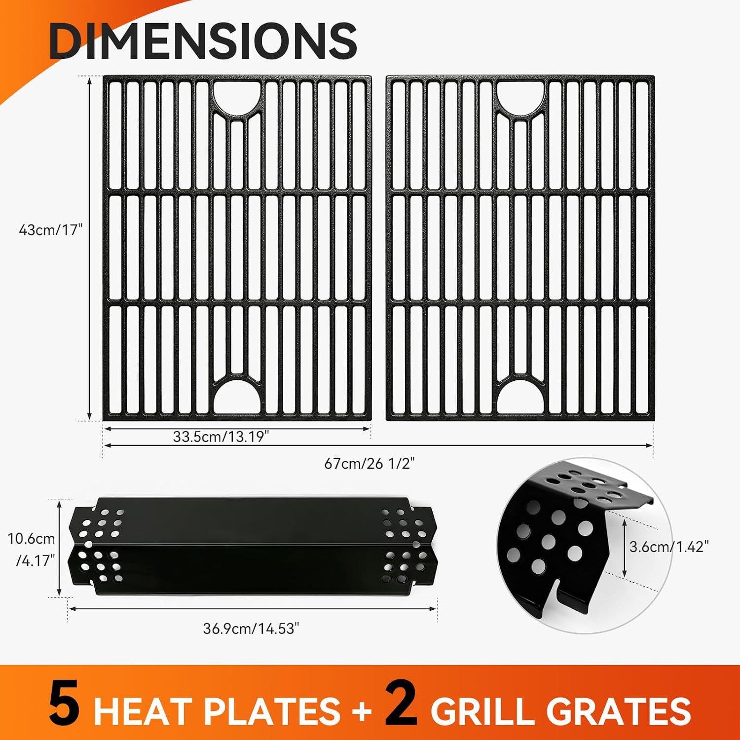 Grill Parts for Home Depot Nexgrill 4 Burner 720-0830H, 5 Burner 720-0888N, 720-0888 Gas Grill Models, Porcelain Steel Heat Plate Flame Tamer + 13 x 17 Cast Iron Grill Grates