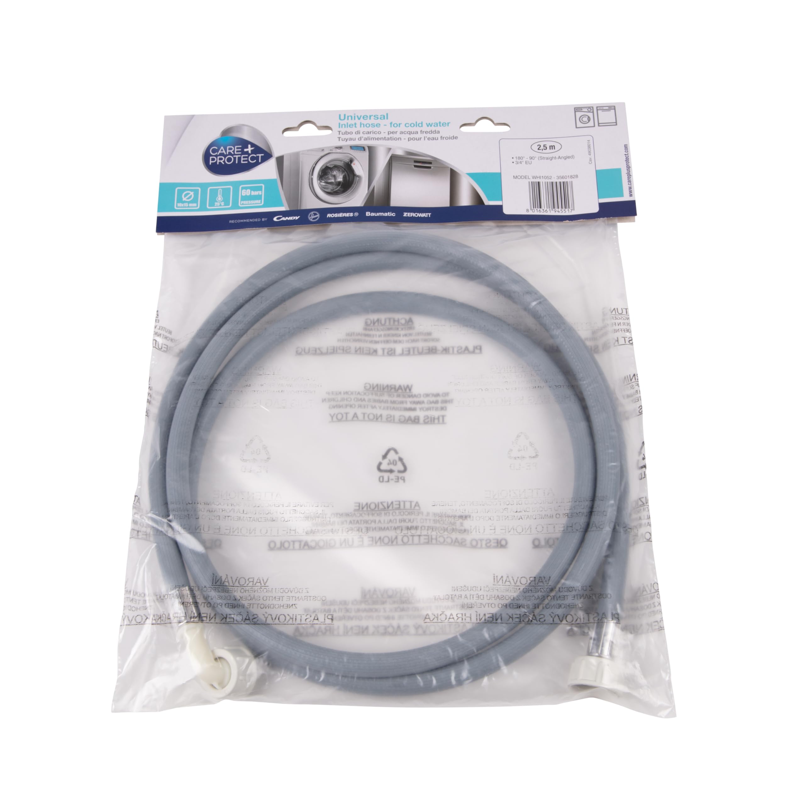 Care+Protect Universal Washing Machine and Dishwasher Cold Water Inlet Hose 2.5m - 25°C - 60 Bars Pressure