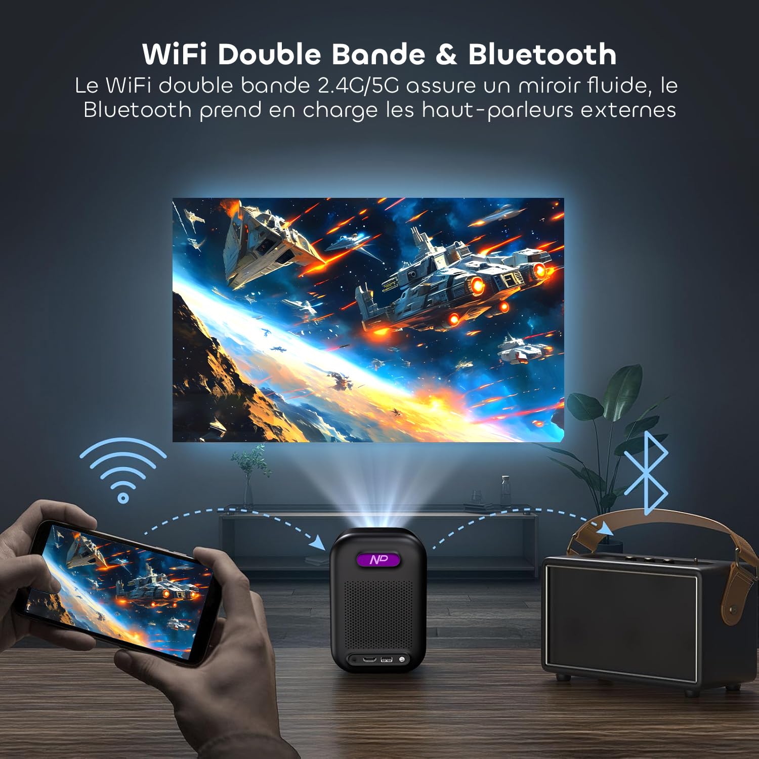 Projecteur avec WiFi, Bluetooth, Full HD 1080P, Support 4K, Audio Dolby Intelligent. Idéal pour cinéma Maison ou extérieur. HDMI Mini Portable NP One