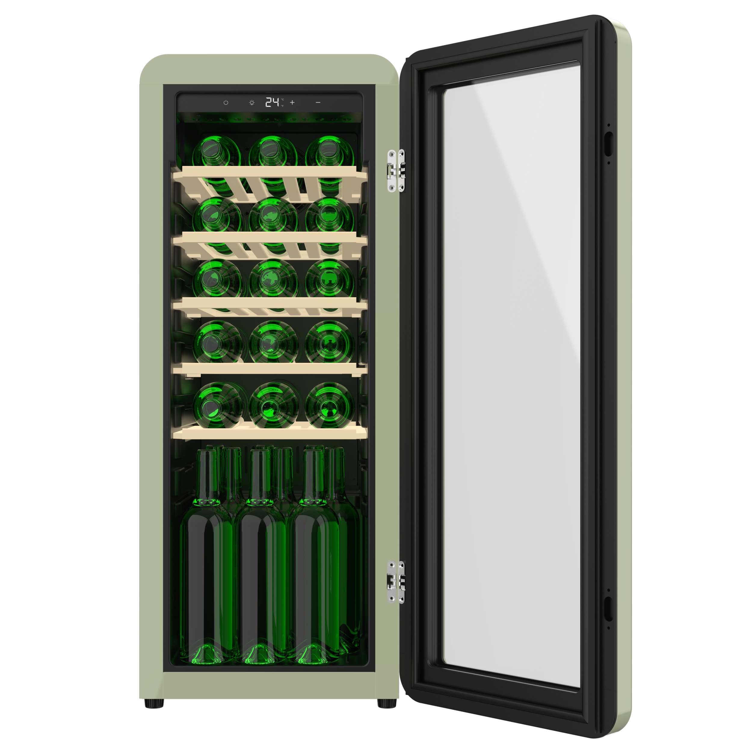 Cecotec Cantinetta 24 Bottiglie Retrò Bolero Grandsommelier Origin 24 Hit Green. Finitura Verde Controllo Led, Temp. 5-20ºC, NoFrost, Ripiani In Legno, Luce Interna, Ventilazione