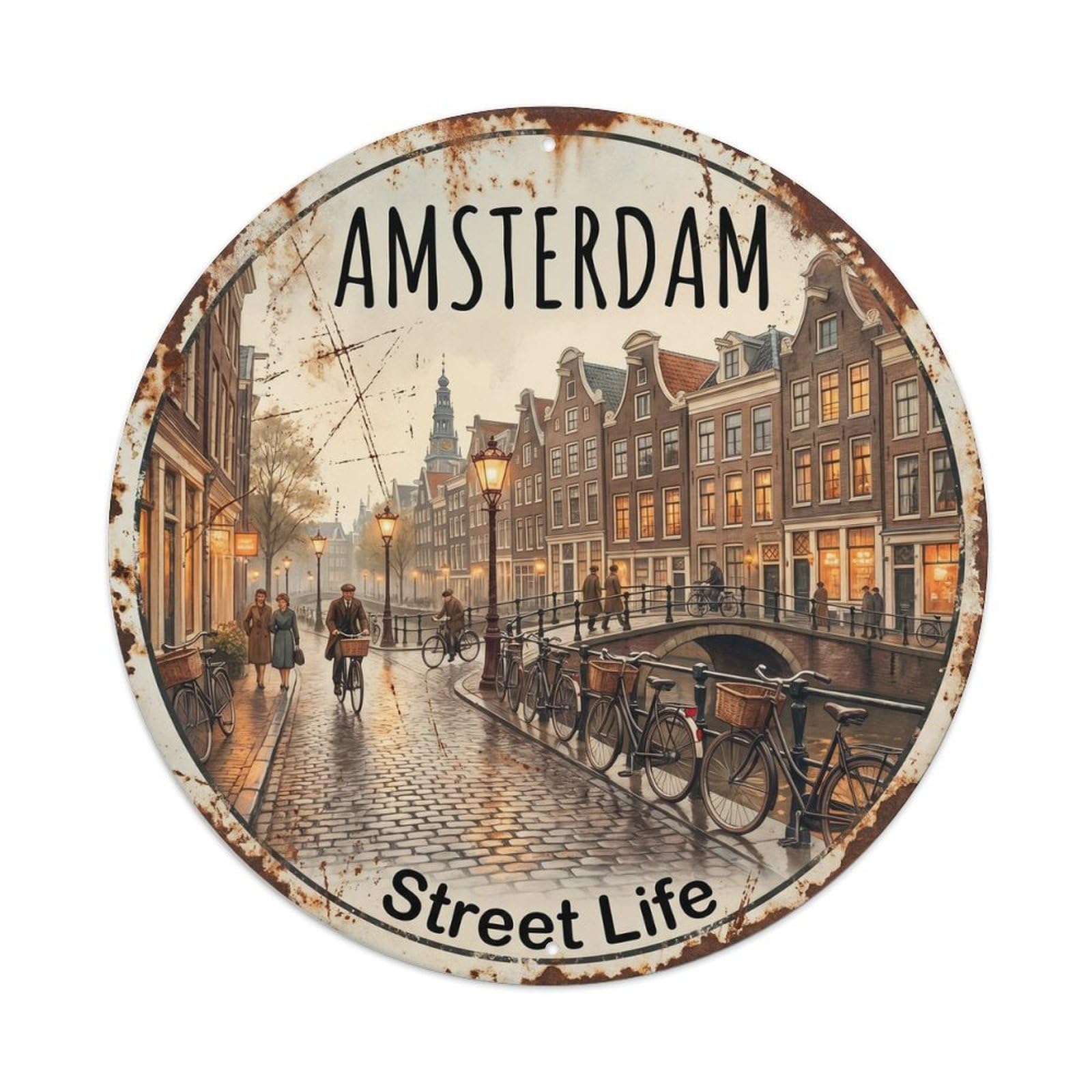 Vintage Travel Amsterdam Street Scene Metal Tin Sign Plaque