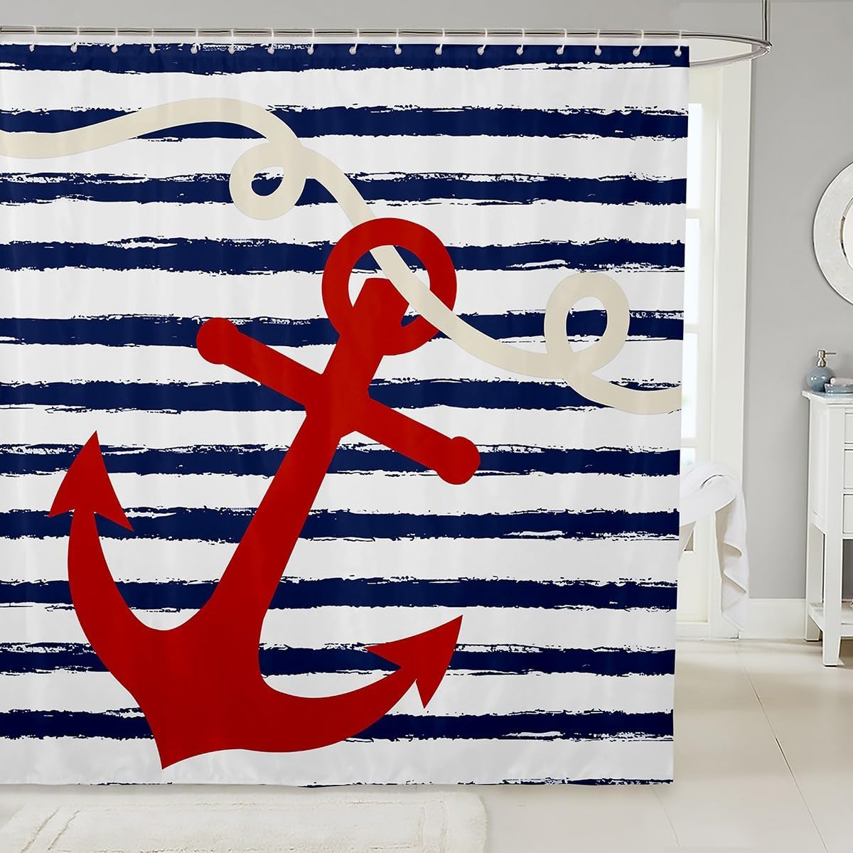 UIYIUI Nautical Anchor Shower Curtain 72X72in/182x182cm/WxH Navy Blue Geometric Stripes Bathroom Curtains, Coastal Waterproof Polyester Fabric with Hooks