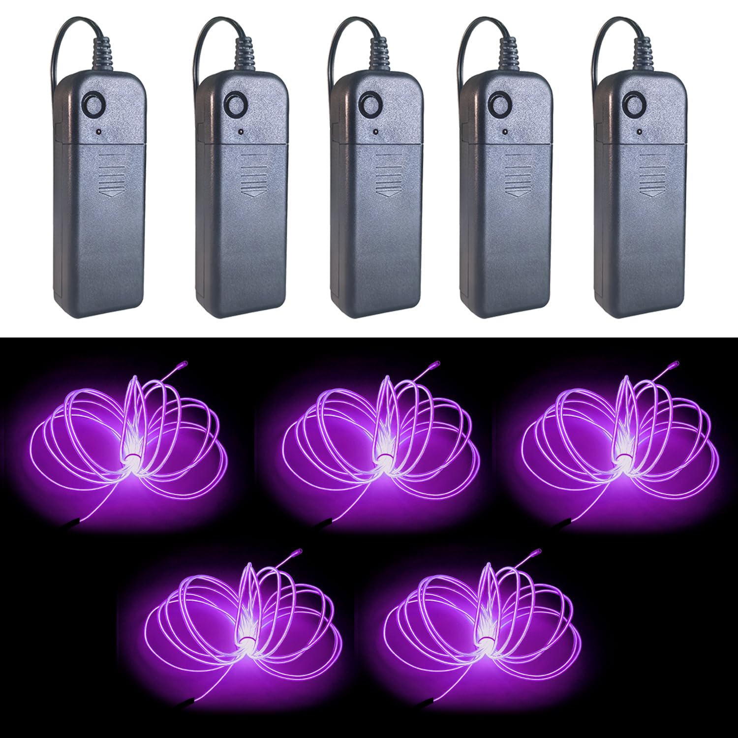 Gcidto EL Wire 5-Colour Pack, 9ft（2.75m） Neon Light Wire 5‑Pack with Noise Reduction & Controller Pack for Halloween Décor & DIY.(Purple)
