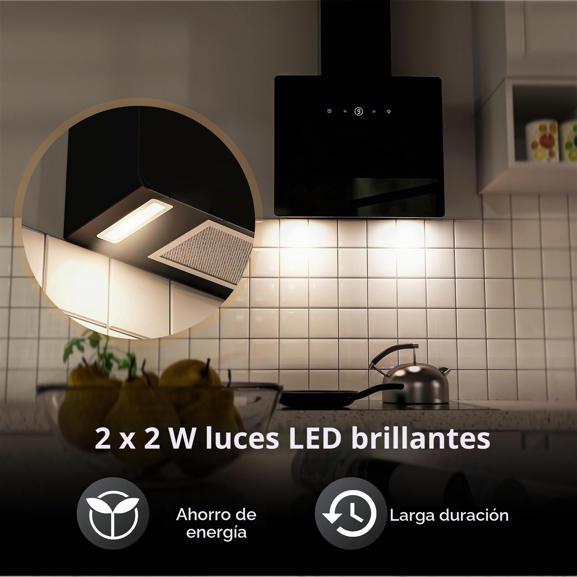 FIREGAS Campana Extractora de Pared con LED 60 cm, 487 m³/h, 9 Velocidades, Filtros de Carbón CC170, Ahorro Energético, Con Conducto, Negra