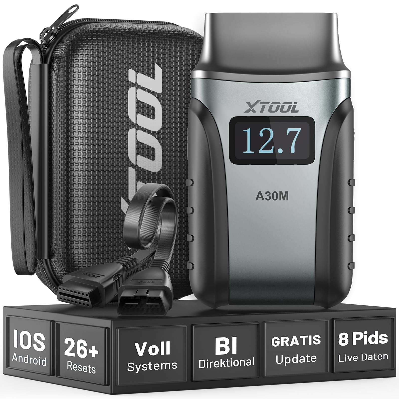 XTOOL A30M OBD2 Diagnosegerät Set, Bidirektionales Kabelloses Diagnosegerät Auto, Vollsystem, KI-Unterstützung, 26+ Resets, Öl ABS BMS DPF, 8-PID Live-Daten für iOS/Android, Lebenslange Update, CAN FD