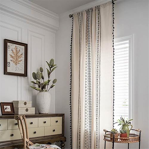 Miniatura 6 de Deeprove - Cortinas bohemias de 96 pulgadas de largo, algodón blanco crema y lino con estampado bohemio, borlas negras, panel geométrico