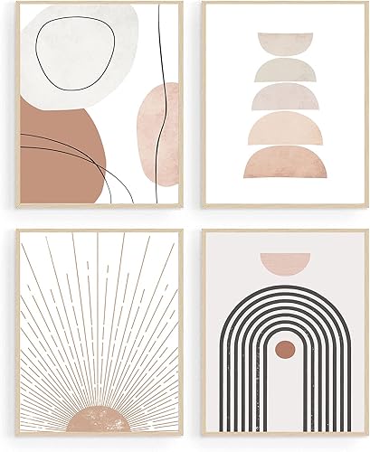 ASTRDECOR Arte de pared bohemio minimalista de mediados de siglo, decoración moderna geométrica de amanecer beige, arte abstracto para pared,
