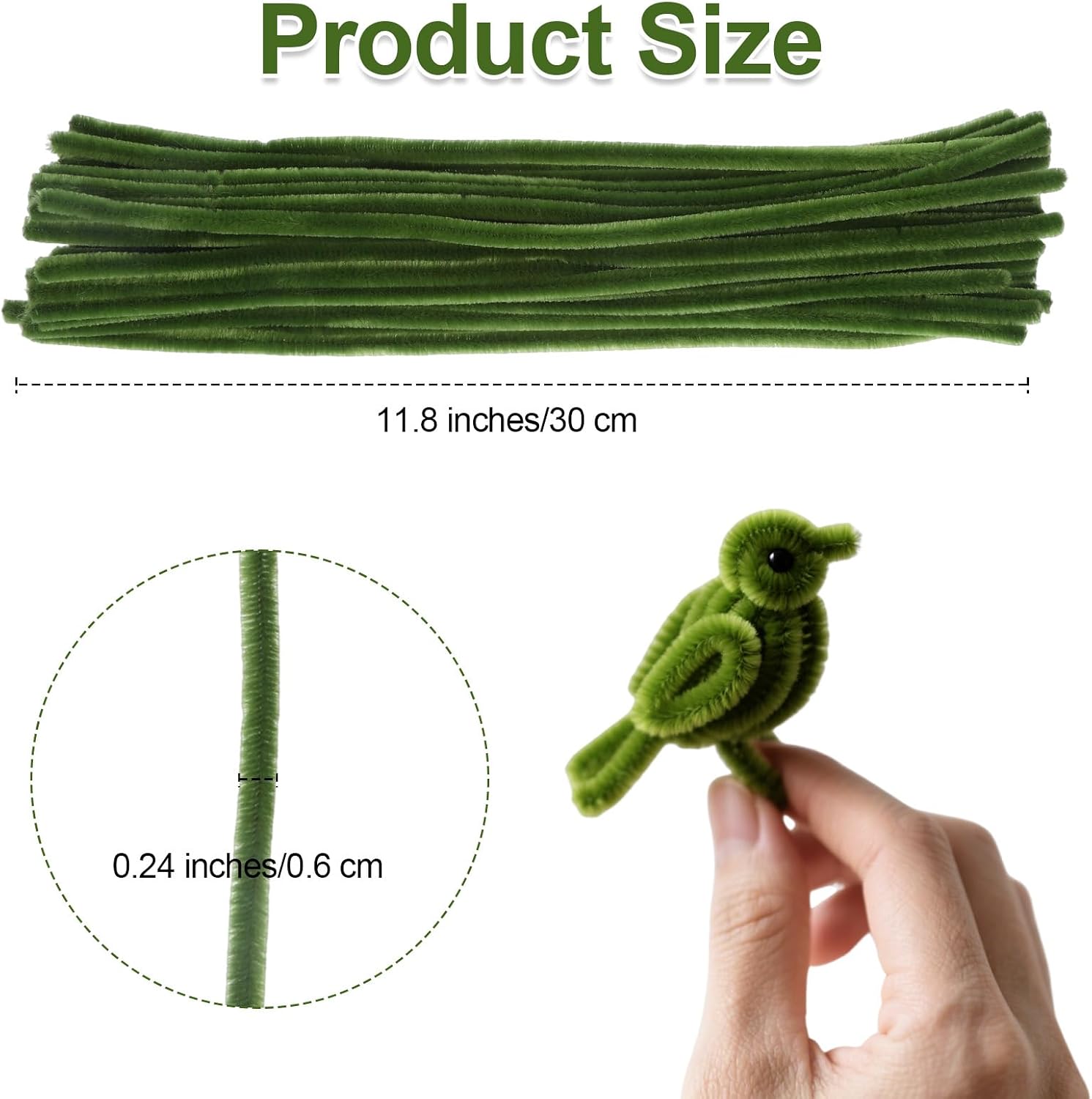 100 Pieces Green Pipe Cleaners, Pastel Pipe Cleaners Craft Supplies Bulk, Fluffy Chenille Stems DIY Handmade Art Project, Creative Crafts for Gift Wrapping, Party and Home Decorations (Green)