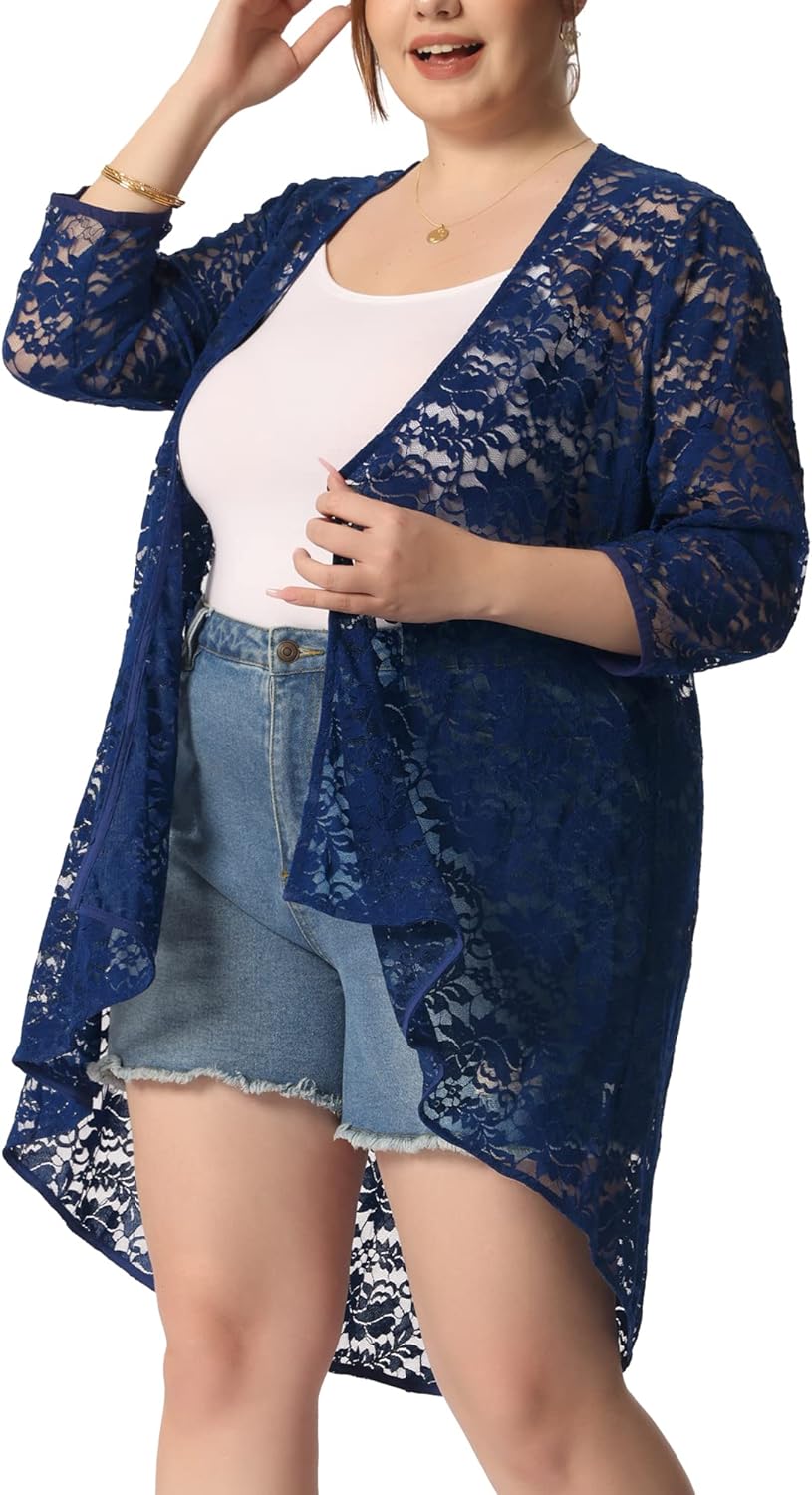 Agnes Orinda Plus Size Cardigans for Women Lightweight 3/4 Sleeve Open Front Crochet 2025 Lace Cover Up - Image 2
