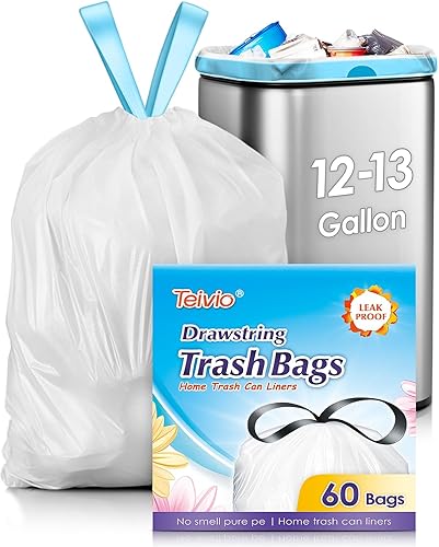 Teivio Bolsas de basura de plástico medianas de 12 a 13 galones, 60 unidades, fuertes y altas con cordón, para el hogar, cocina, jardín, oficina,