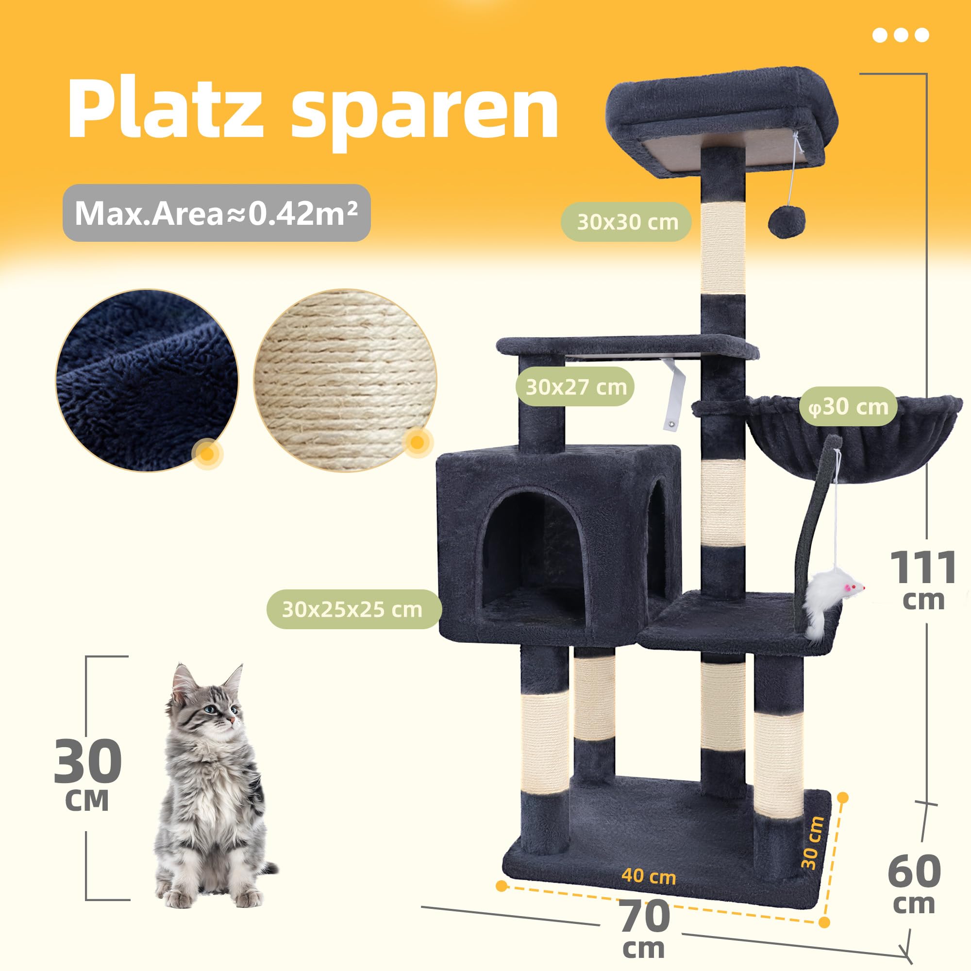 Hey-brother Krabpaal, 111 cm kattenboom met speelgoed, kattenkrabpaal met platform, hangmat en sisal-krabstammen, rookgrijs EMPJ004SG-N