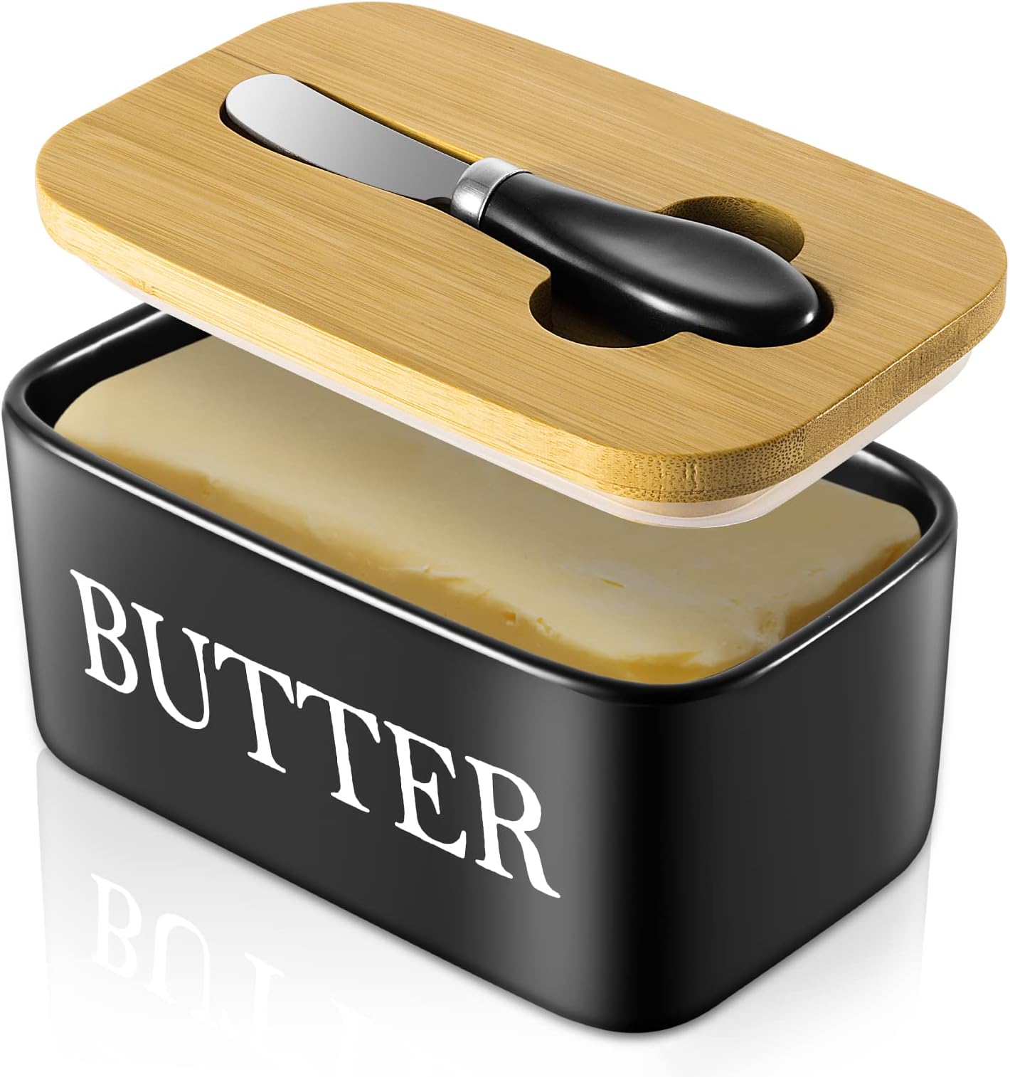 Butter Dish with Lid and Knife, 650ML Large Ceramic Butter Dish Double Silicone Seals Butter Box