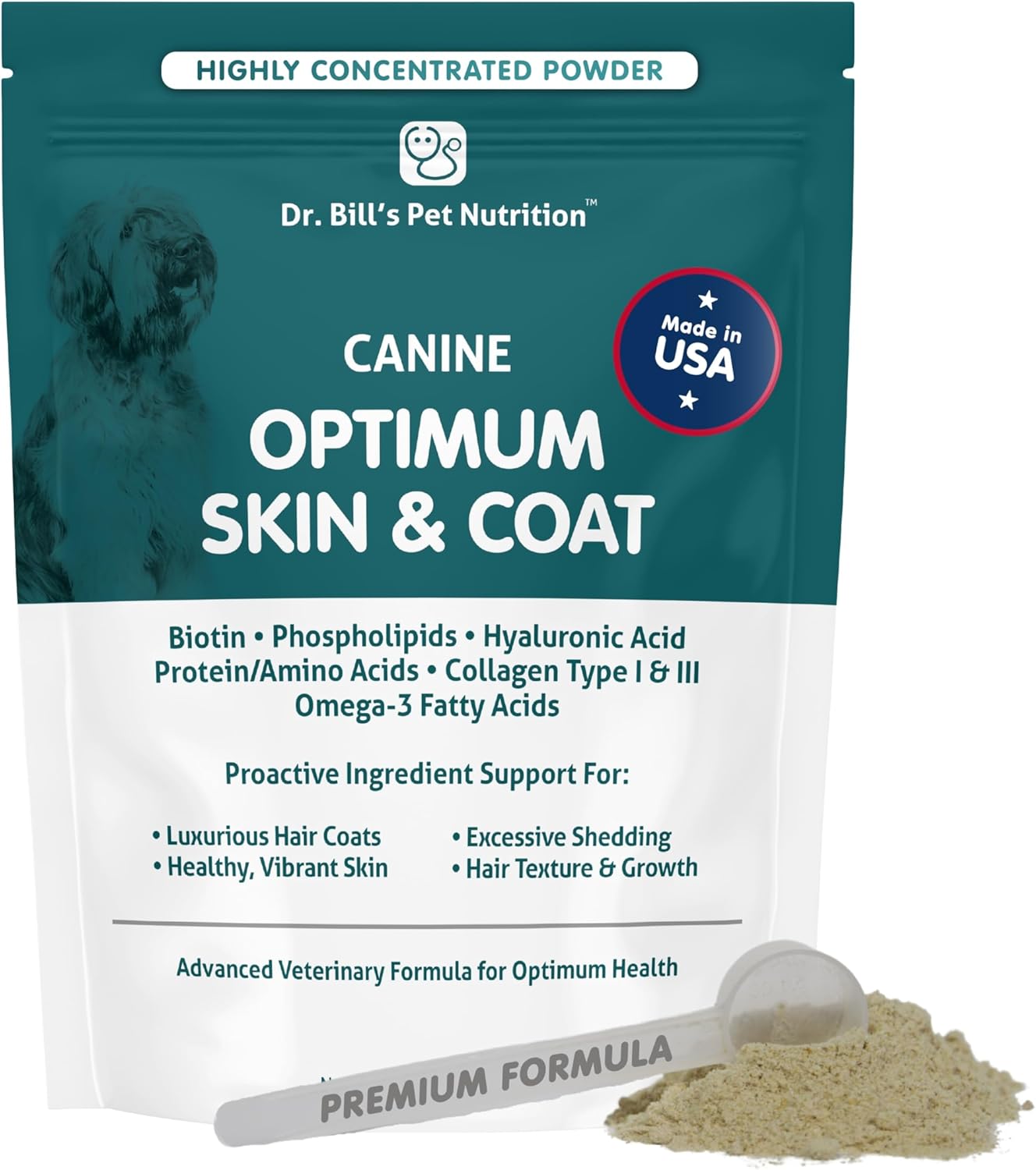 Dr. Bill's Canine Optimum Skin & Coat – Reduces Shedding, Itching, Dry Skin – Allergy Relief for Healthy Fur - Omega 3, Collagen, Biotin & Hyaluronic Acid – 340g Vet-Recommended Dog Supplement