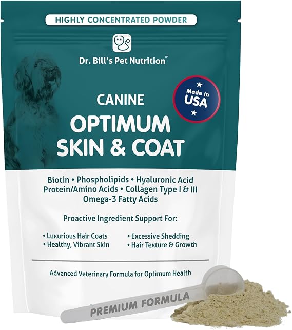 Dr. Bill's Canine Optimum Skin & Coat Reduces Shedding, Itching, Dry Skin Allergy Relief for Healthy Fur - Omega 3, Collagen, Biotin & Hyaluronic Acid 680g Vet-Recommended Dog Supplement
