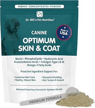 Dr. Bill's Canine Optimum Skin & Coat Reduces Shedding, Itching, Dry Skin Allergy Relief for Healthy Fur - Omega 3, Collagen, Biotin & Hyaluronic Acid 680g Vet-Recommended Dog Supplement