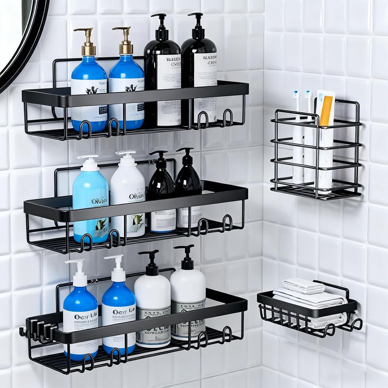 Adhesive Shower Caddy, 5-Pack Shower Caddy Hanging Bathroom Storage Organization, No Drilling Shelves with Soap Caddy & Toothbrush Wall-Mounted Shower Holder, Rustproof Bathroom Shelves