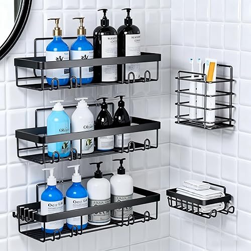 Organizador de ducha adhesivo, paquete de 5 unidades de organizador de ducha colgante para baño, estantes sin taladrar con organizador de jabón y