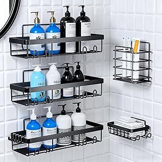 Adhesive Shower Caddy, 5-Pack Shower Caddy Hanging Bathroom Storage Organization, No Drilling Shelves with Soap Caddy & Toothbrush Wall-Mounted Shower Holder, Rustproof Bathroom Shelves