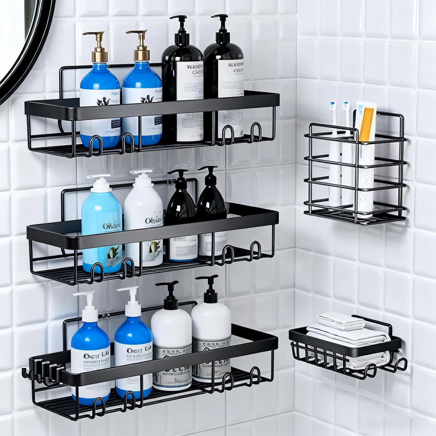 FAWEGO Adhesive Shower Caddy 5-Pack Shower Caddy Hanging Bathroom Storage Organization No Drilling Shelves with Soap Caddy Toothbrush