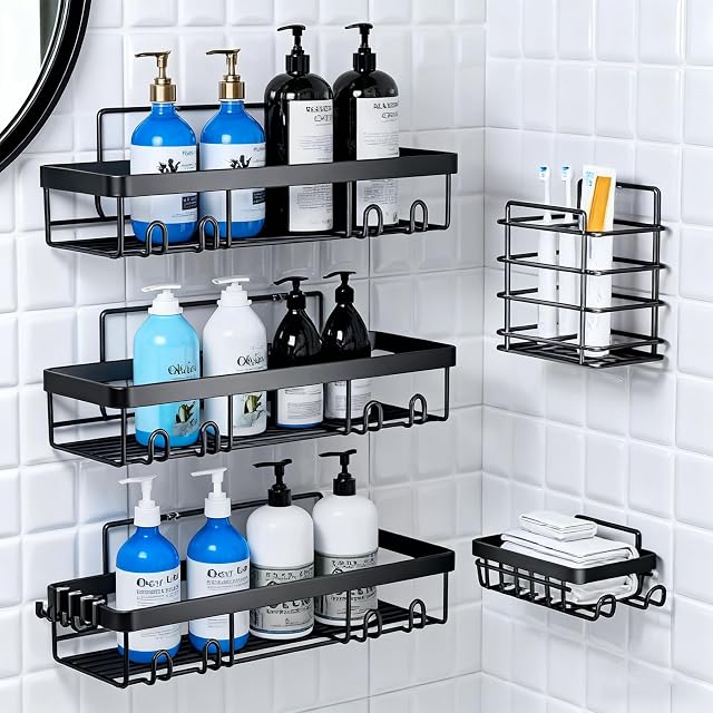 FAWEGO Adhesive Shower Caddy 5-Pack Shower Caddy Hanging Bathroom Storage Organization No Drilling Shelves with Soap Caddy Toothbrush