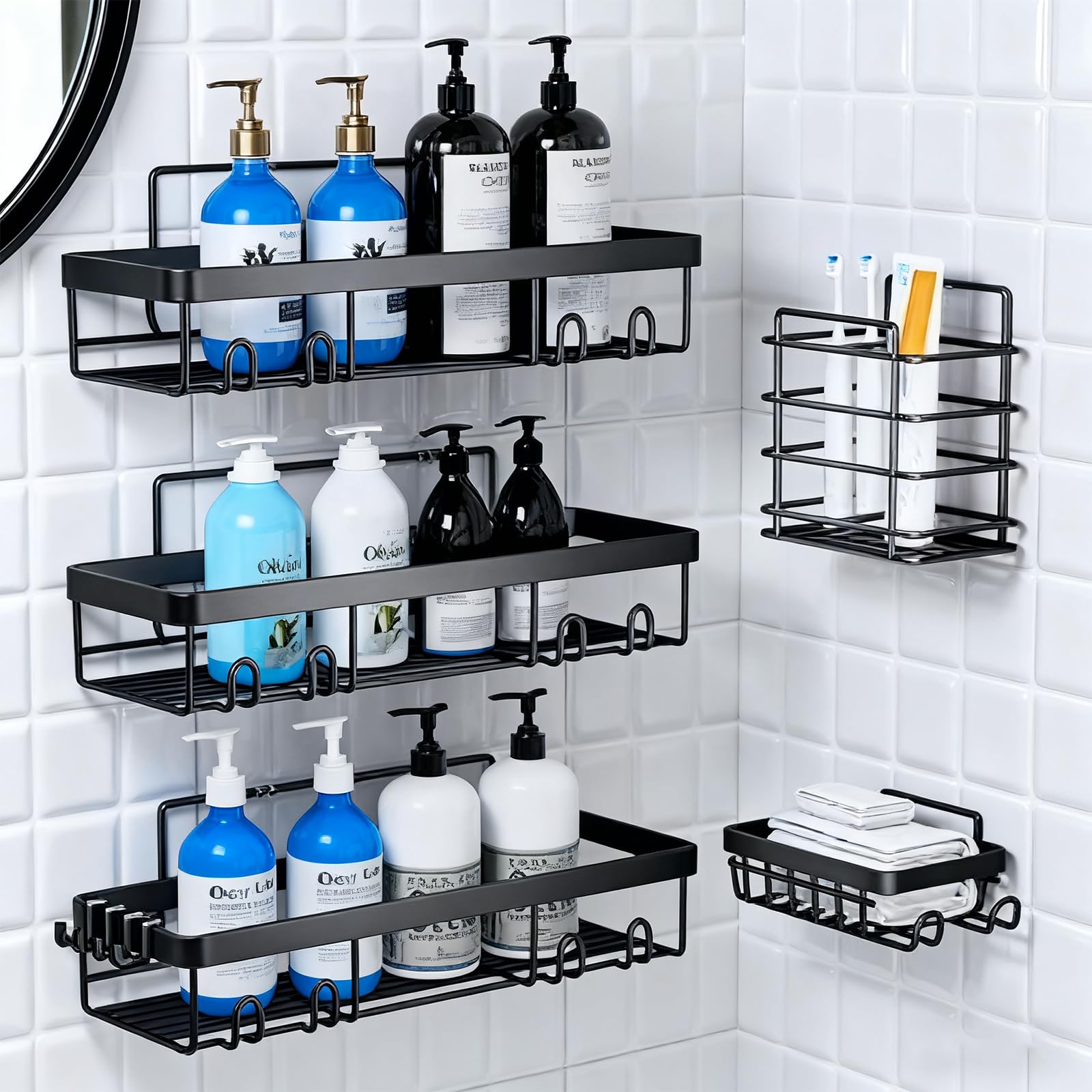 FAWEGO Adhesive Shower Caddy 5-Pack Shower Caddy Hanging Bathroom Storage Organization No Drilling Shelves with Soap Caddy Toothbrush