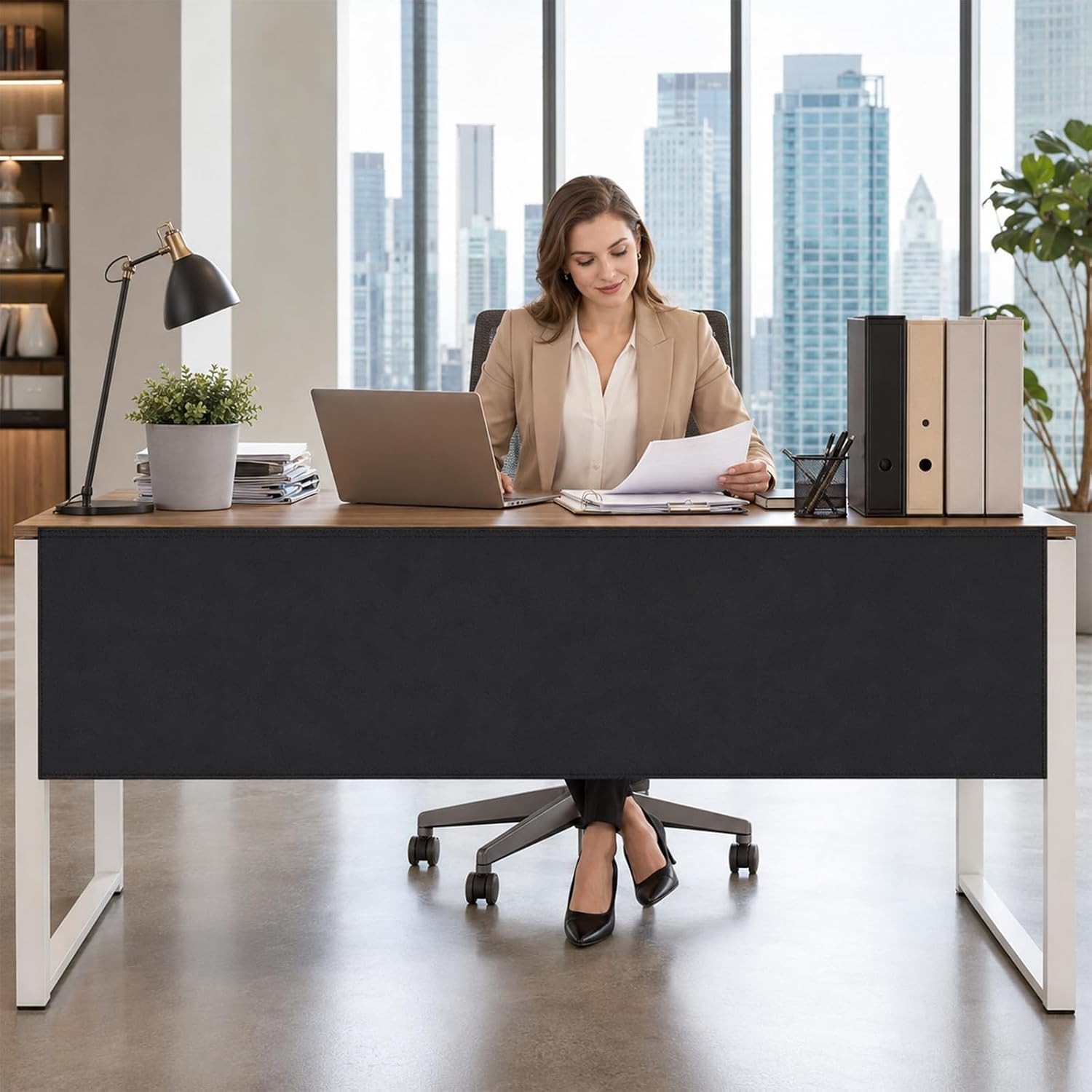 60 Inch Under Desk Privacy Panel with Cable Management Pocket, Self-Adhesive Desk Modesty Panel for Standing Desk, 600D Oxford Fabric Desk Skirt for Home Office Workspace, Black image 4