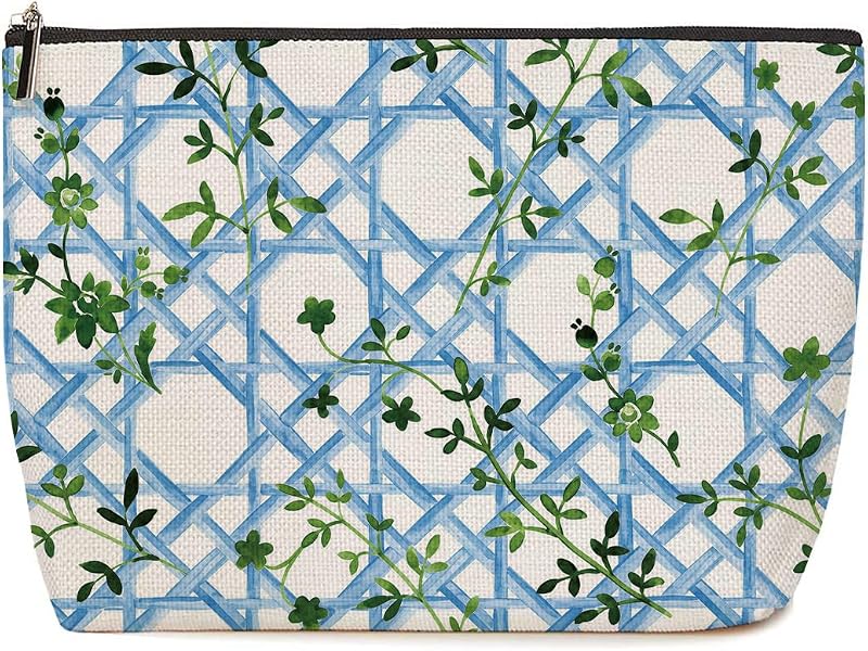 Necessaire de maquiagem Lovdazzles Green Vine Floral azul, com zíper