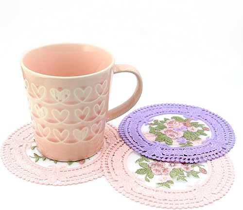 Miniatura 3 de Paquete de 8 posavasos vintage de encaje rosa de 4.5 pulgadas, posavasos redondos de tela bordados para bebidas, pequeños tapetes de ganchillo para