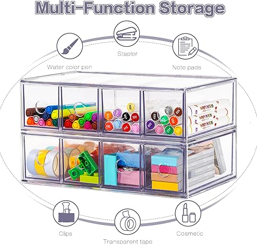 Miniatura 5 de Organizador de escritorio con 8 cajones, 2 paquetes de caja de almacenamiento apilable de escritorio con cajón extraíble, organizador transparente