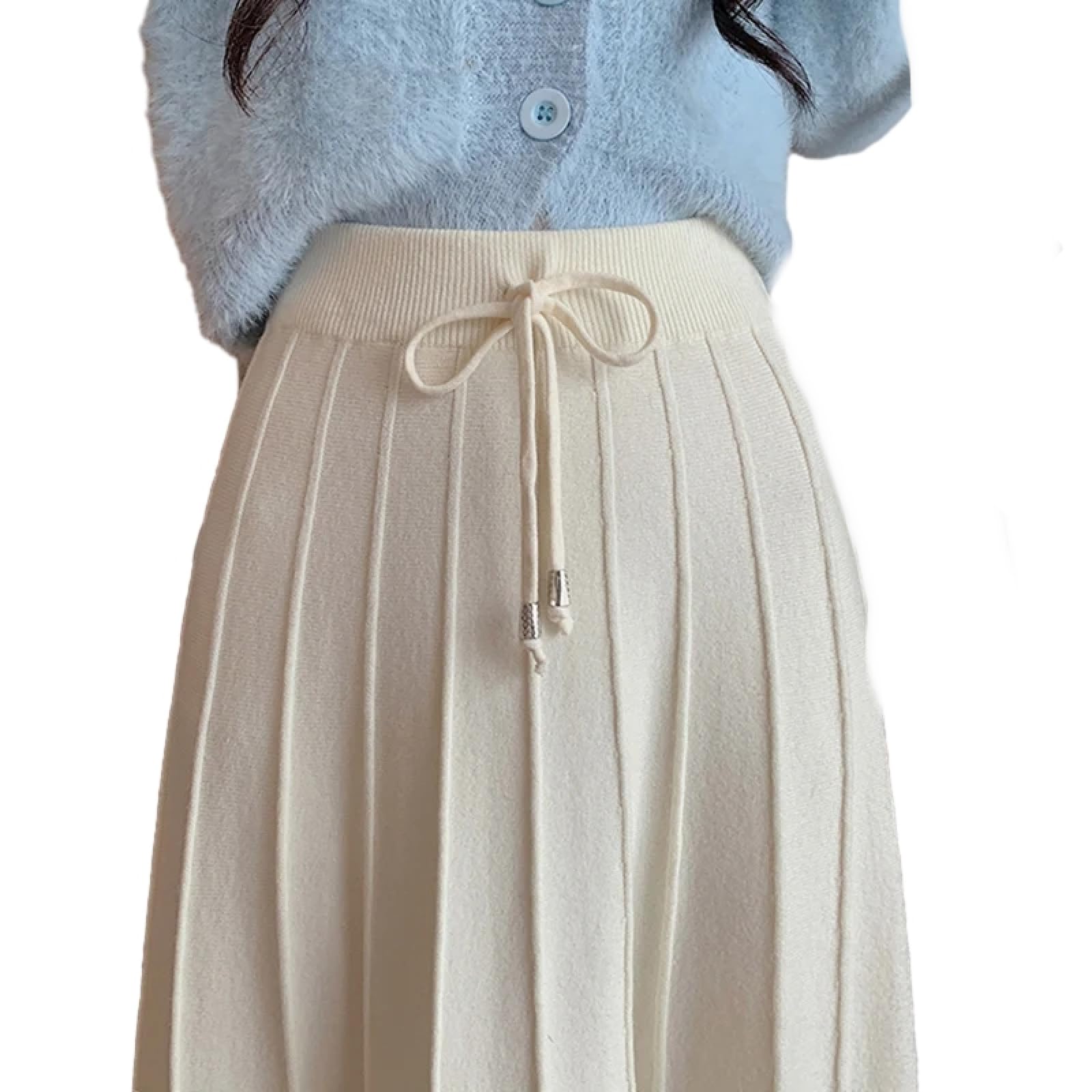 OLEETS Falda De Punto De Mujer - Falda Larga De Punto para Mujer Otoño Invierno Elegante Simple Clásico Color Sólido Línea A Falda Plisada De Cintura Alta Ropa Cálida Ropa De Calle