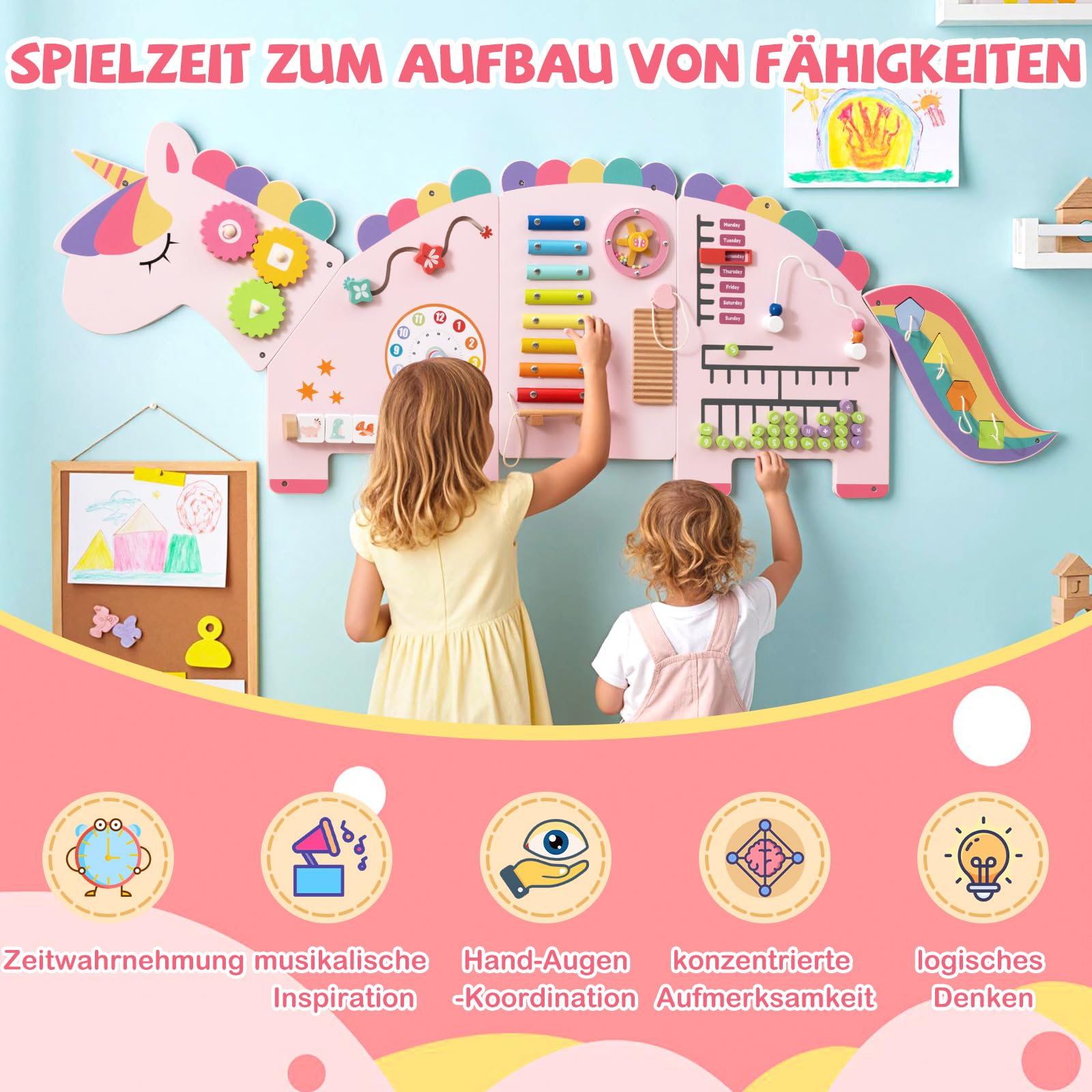 COSTWAY Montessori Busy Board, drewniana deska motoryczna 11 w 1 z ksylofonem, bloki, zegar, liczydło i części obrotowe, motoryka, zabawka Montessori, zabawka motoryczna dla dzieci od 1 roku życia