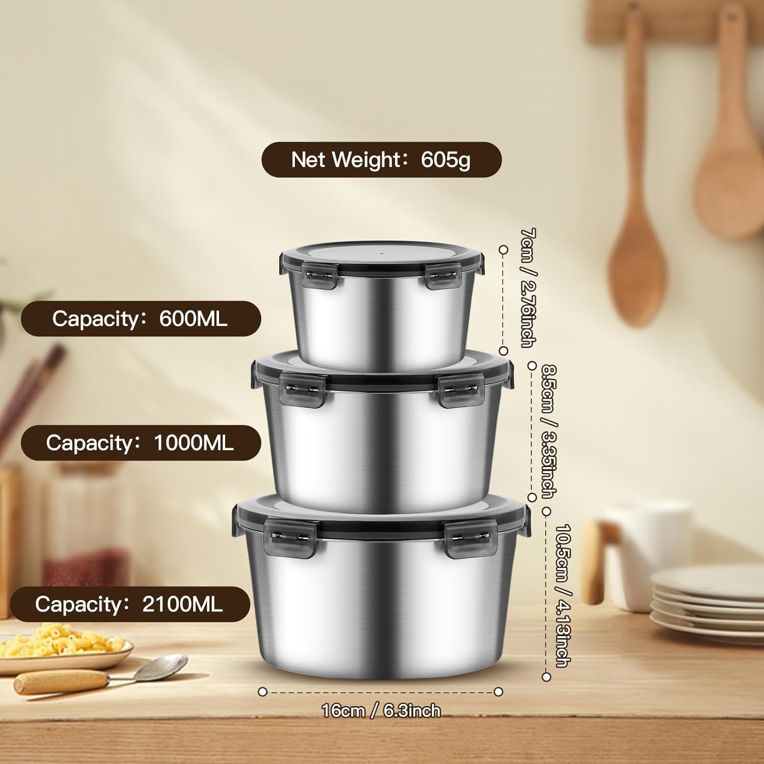 316L Stainless Steel Food Storage Containers with Lids, 20oz 34oz 71oz Airtight Metal Meal Prep Containers,Bento Lunch Box for Kitchen, Picnic & Camping(600 ml / 1000 ml / 2100 ml) - Image 2