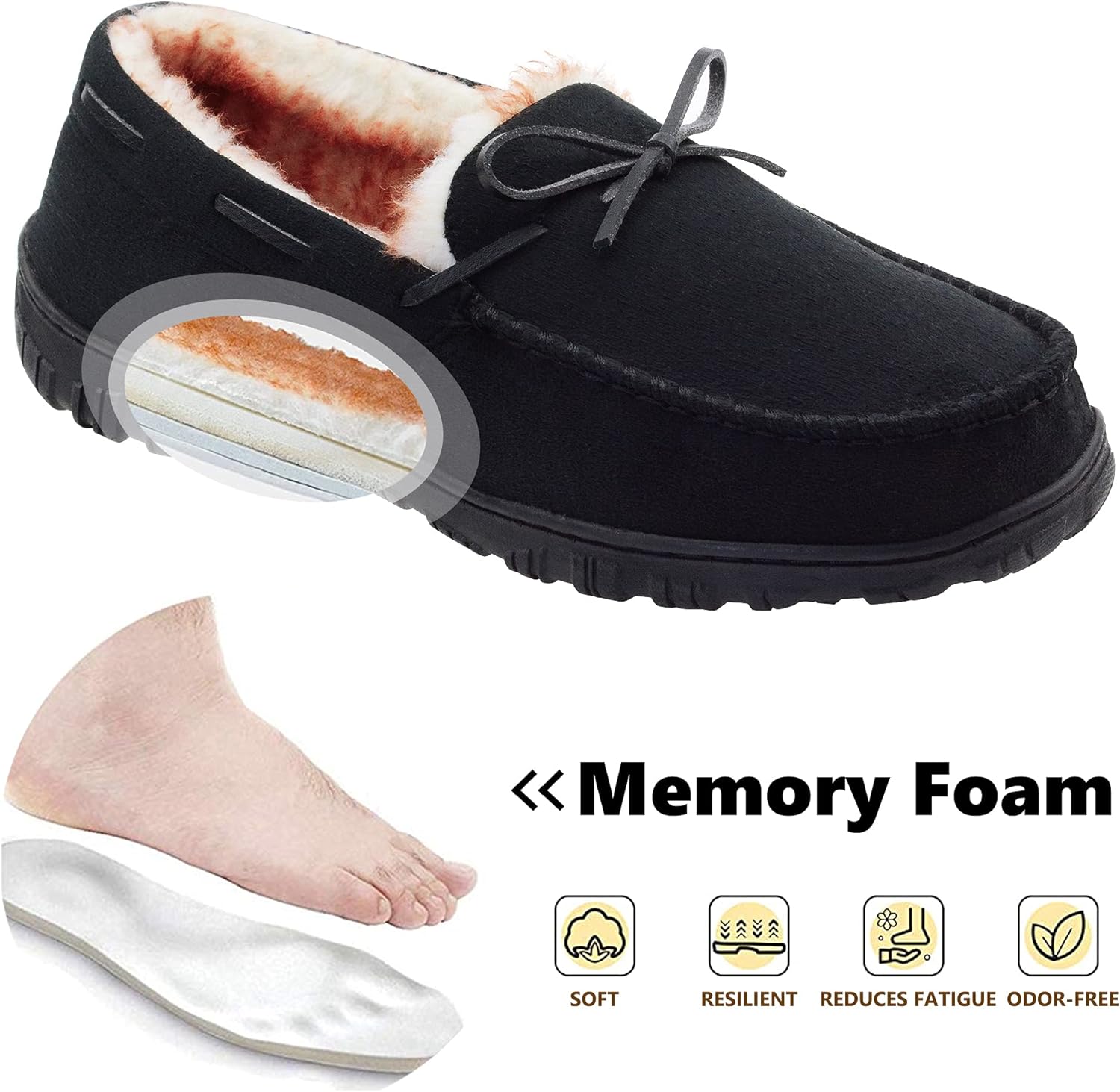 VLLy Mens Moccasin Slippers with Memory Foam Arch Support, Non Slip Rubber Sole House Shoes for Men Machine Washable Warm Fleece Lined Indoor Outdoor Home Shoes - Image 3