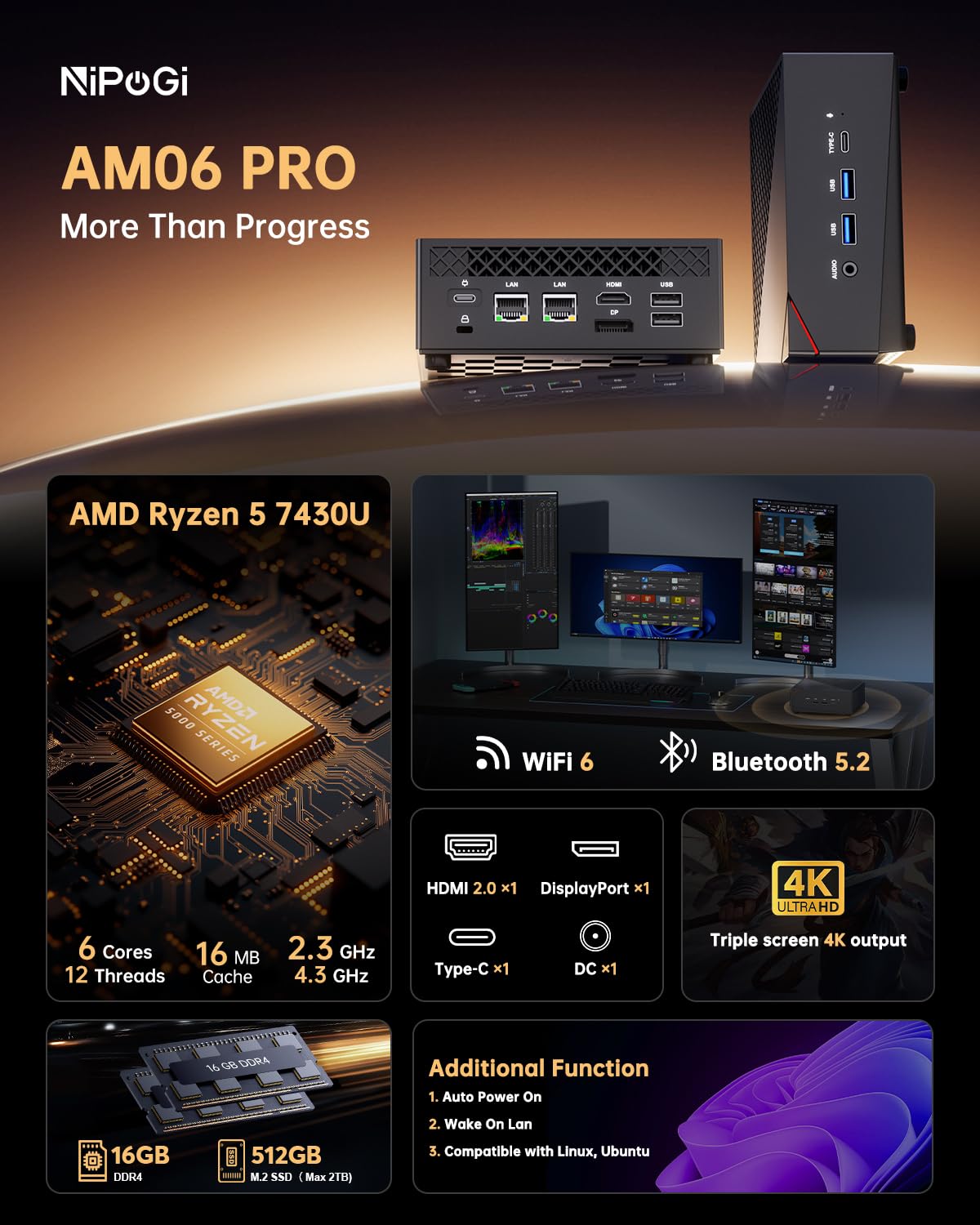 NiPoGi AM06PRO Mini PC Ryzen 5 7430U 16GB DDR4 512GB M.2 SSD 4K@60Hz Triple Display W-11 Pro
