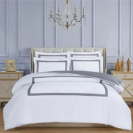 Majestic Giftware Madison Linen 4 Pcs 48" Full Size Duvet Bedding Set (BL4-48F-8-4pcs) Province Hotel Collection-White-Gray Tape 400 TC Cotton Sateen | 1 Fitted Sheet, 1 Duvet, 2 Pillowcases