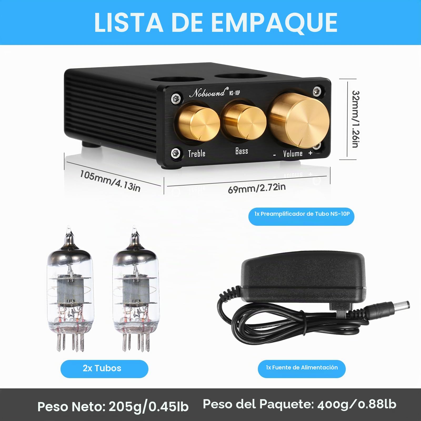 Nobsound NS-10P Mini Preamplificador Valve Tube Preamp Audio Hi-Fi Stereo con Regulador de Agudos Bass