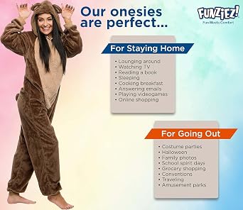 Funziez! Slim Fit Sherpa Adult Onesie - Animal Halloween Costume - Plush One Piece Cosplay Suit for Women and Men
