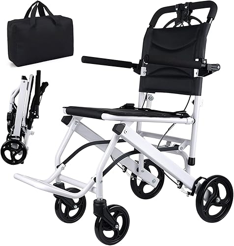 WISGING Silla de ruedas ultraligera de transporte Silla de ruedas portátil plegable con freno de mano Carros para viajes en avión de edad avanzada