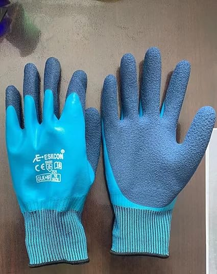 Satishve Nylon Latex Coated Firm Grip Industrial Safety Work Cut Resistant Gloves, 5 Pairs. Pack of 10 (Large, Blue)