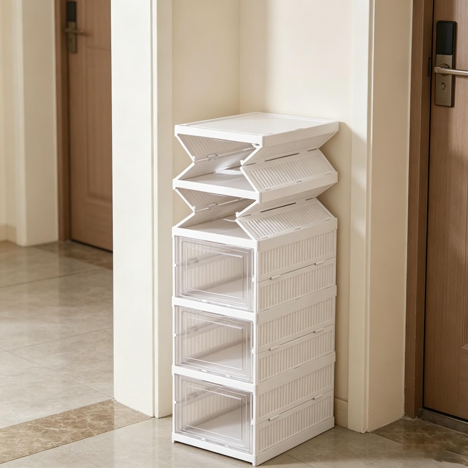 TYNGBT Foldable Shoe Storage Bin with Clear View, Stackable Shoe Organizer for Indoor Space Saving Bullet Points