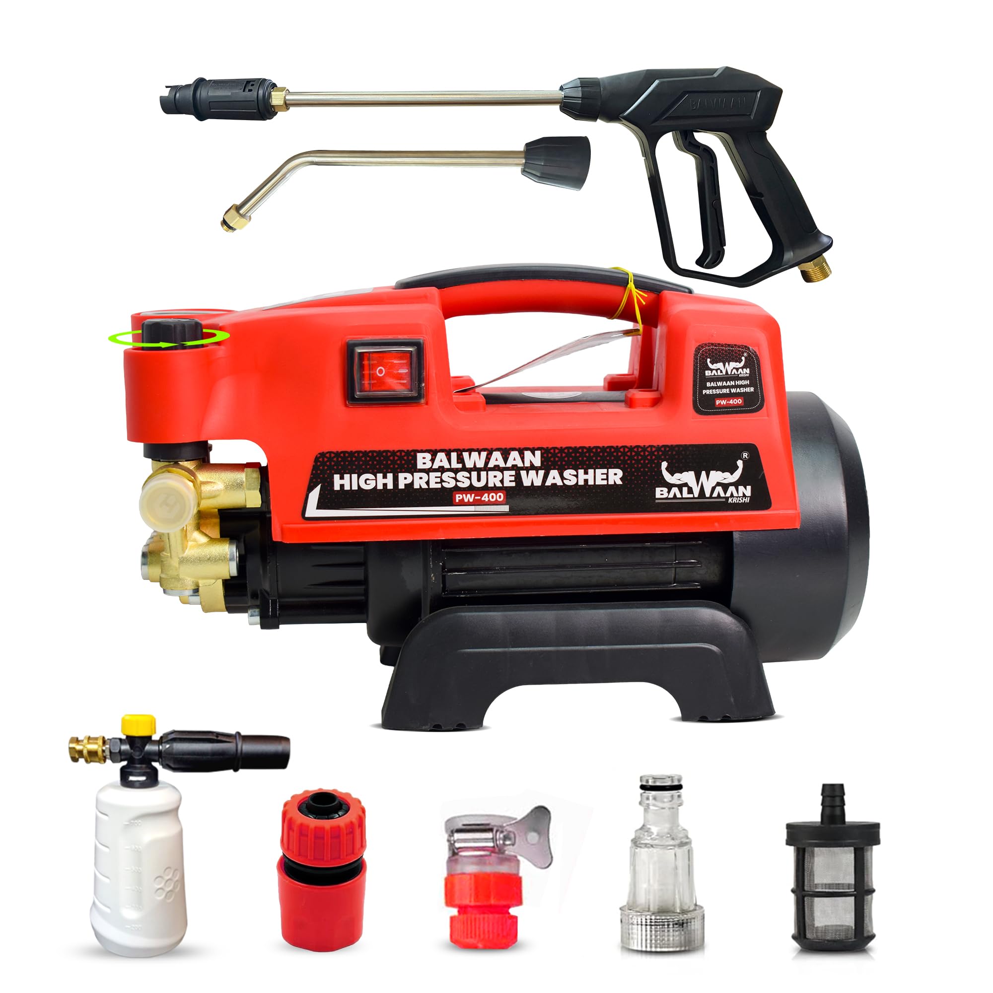 Balwaan Krishi Pressure Washer Brass Coated Pump 1800w Motor | PW-400 | (Adjustable) 120-150 Bar Pressure 7.5 LPM Water Flow | Straight & Bend Lance for Car Wash & Cleaning Purpose