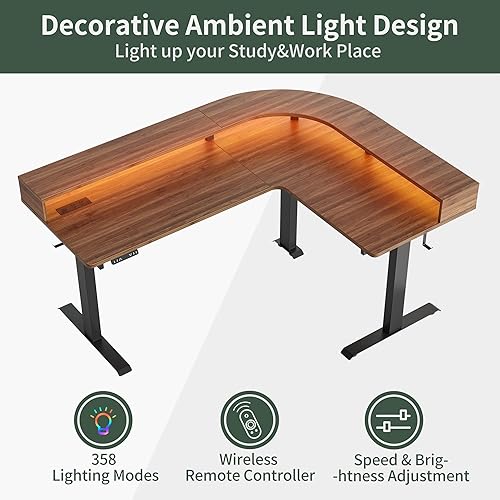 Miniatura 4 de FEZIBO Escritorio de pie en forma de L con triple motor con tira LED y tomas de corriente escritorio de esquina de pie ajustable de 63 pulgadas de