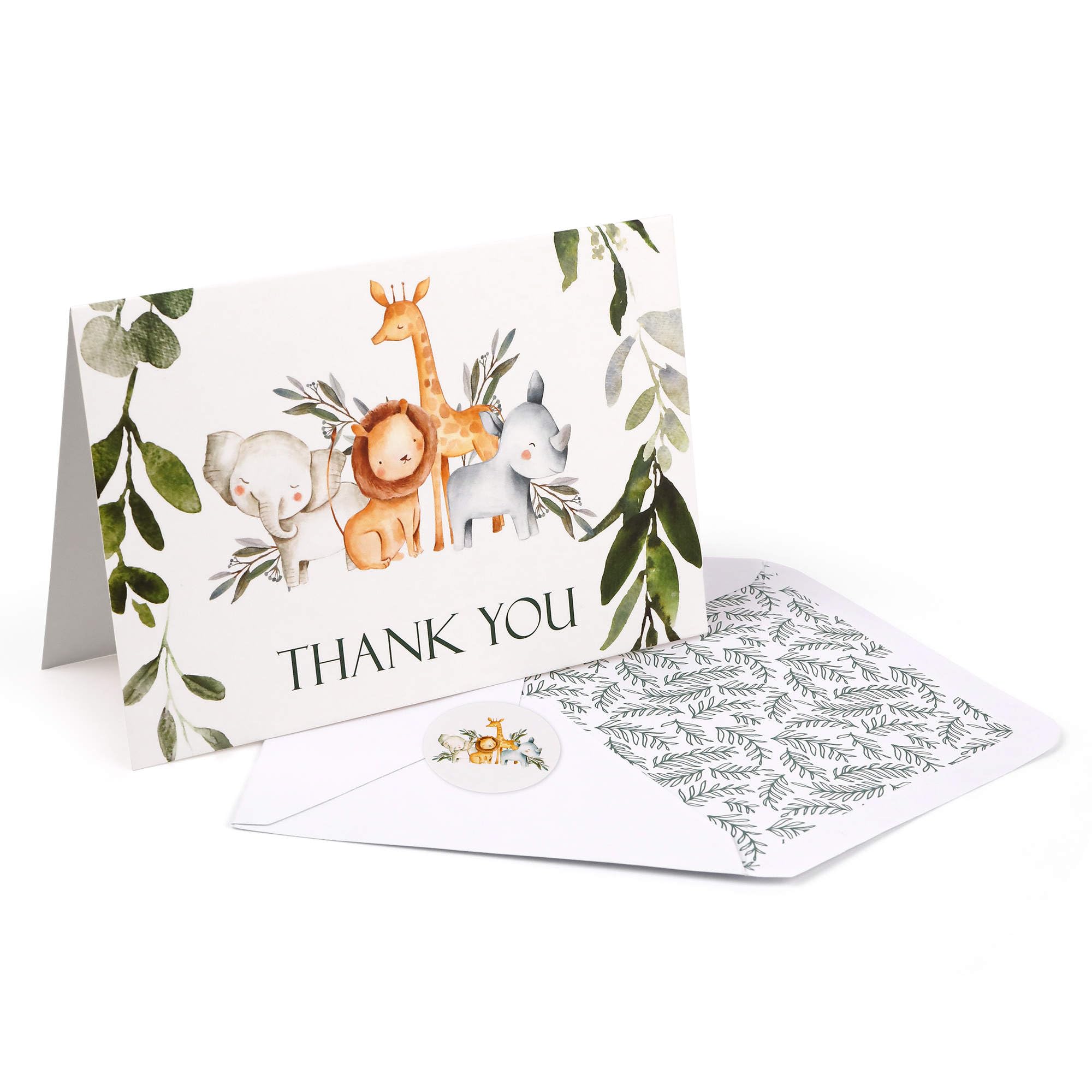 50 Pack Jungle Safari Greenery Thank You Cards, Envelopes & Stickers