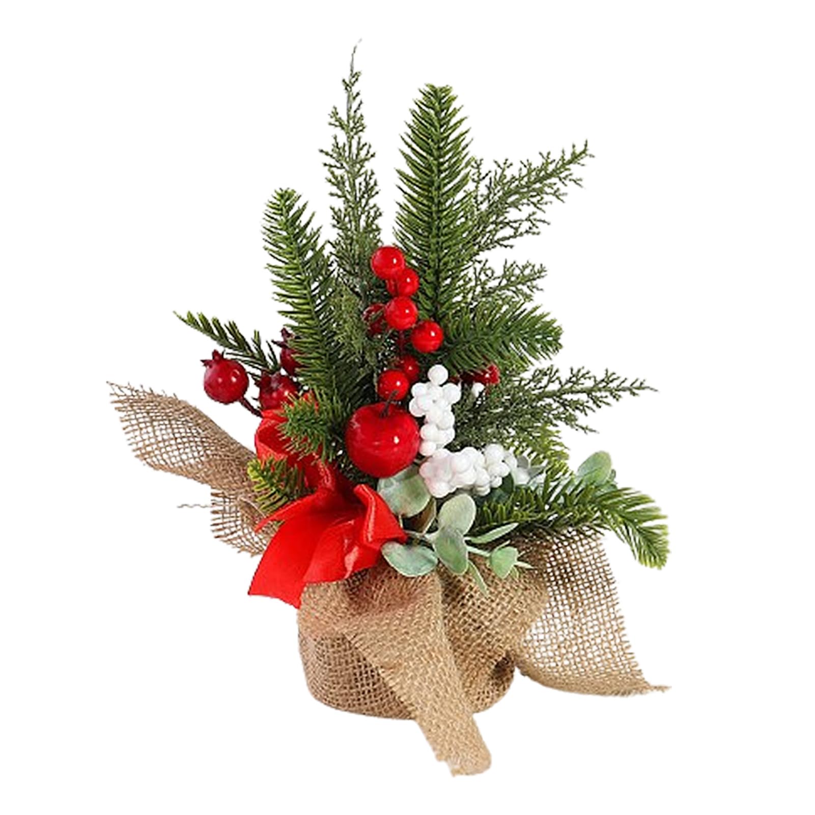 Mini Arbre De Noël Artificiel Avec Pot D'écorce - Fleurs Rouges Et Pommes De Pin, 28 Cm