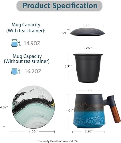 Miniatura 2 de ZENS Taza de té con infusor y tapa para colador de té de hojas sueltas, taza de té de cerámica de 15.2 oz con coladores de té finos y posavasos