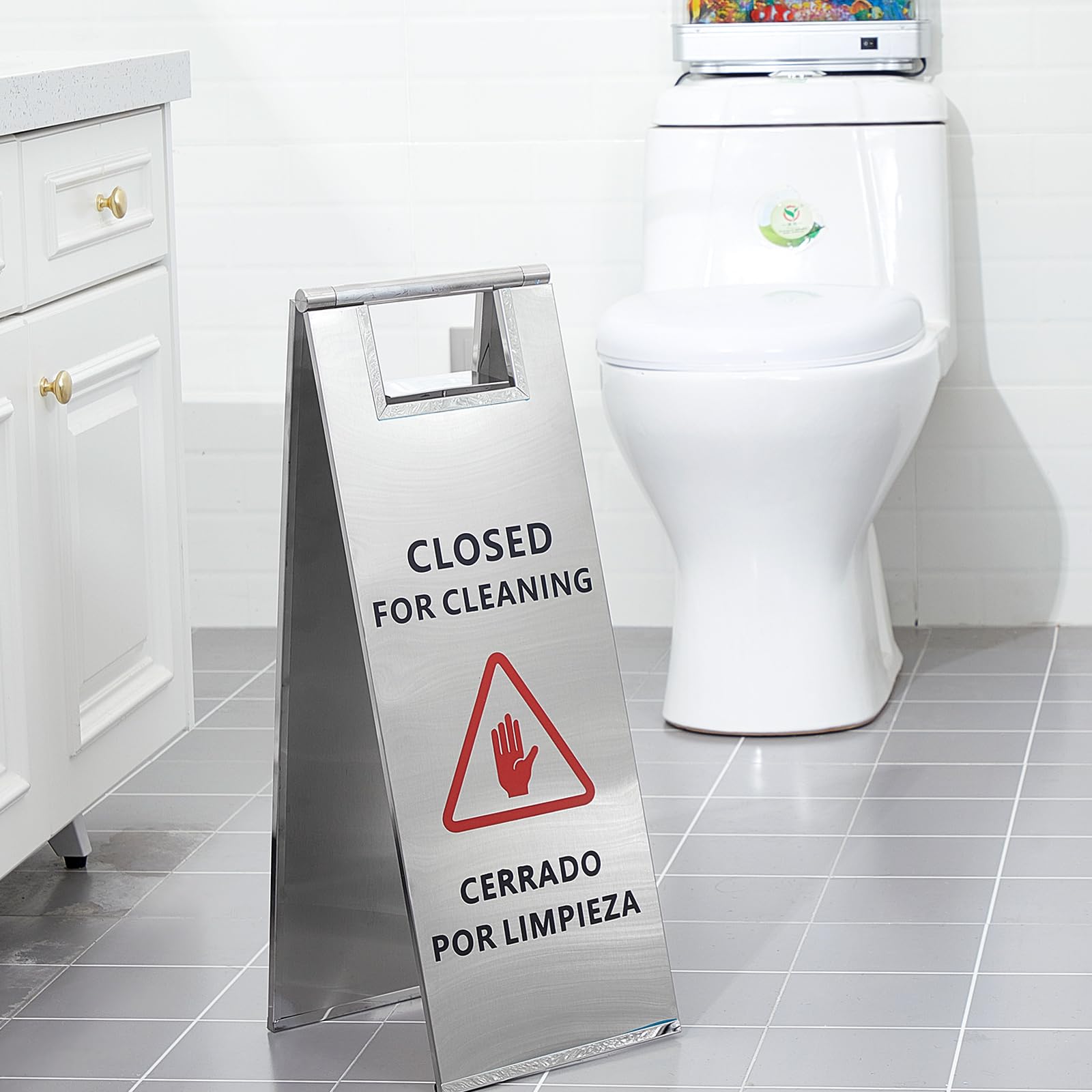 Yaocom 2 letreros de acero inoxidable cerrados para limpieza, letrero bilingüe de piso de 9.8 libras, mango cerrado, letrero de baño cerrado para limpieza, señales de advertencia industriales para