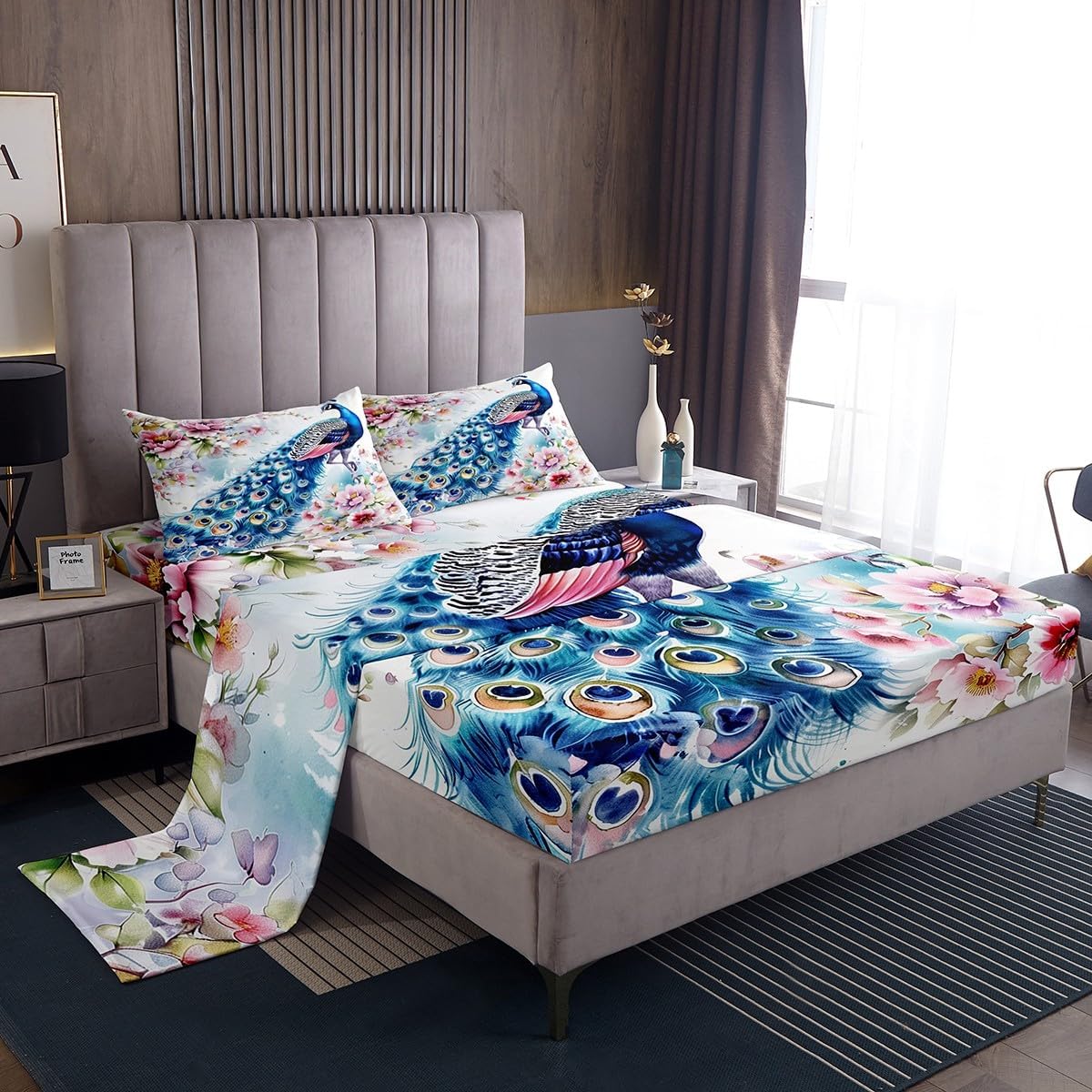 Manfei Highland Cattle Kids Sheet Queen Size,Purple Daisy Botanical Flowers Rustic Bedding Set,Boys Girls Room Decor,Wild Bull Cow Animal Beige Bed Sheet Set 4pcs(Fitted + Flat + 2 Pillowcases)