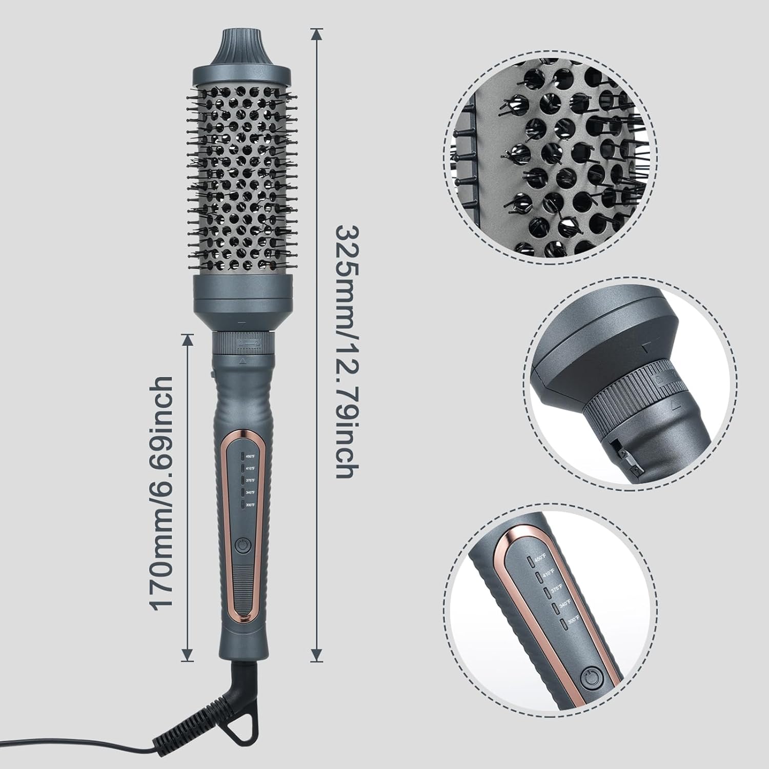Heated Round Brush, Thermal Brush Blowout Set 1.25"/1.5"/1.75" for Short to Long Hair, 300-450°F for Fine to Coarse Hair, One Step Smooths Frizz, Boosts Shine, Adds Volume, Dual Voltage, Dark Gray