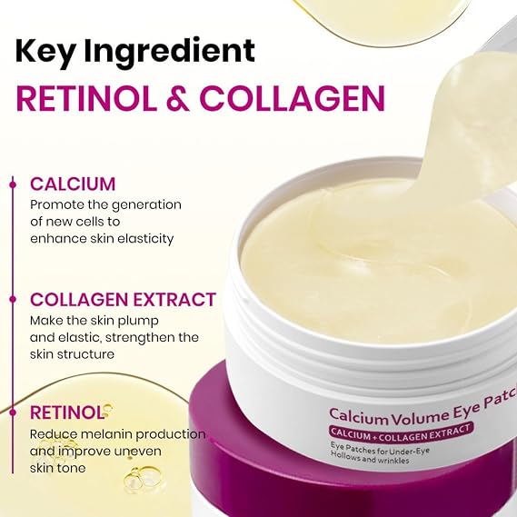 Calcium Volume Uder Eye Patches - Retinol Eye Patches - Under Ey_e Masks for Puffy Eyes with Collagen Extract - Korean Gel Eyes Pat_ches for Dark Circles, Wrinkles - Anti Aging Korean Skincare(60 Pcs)