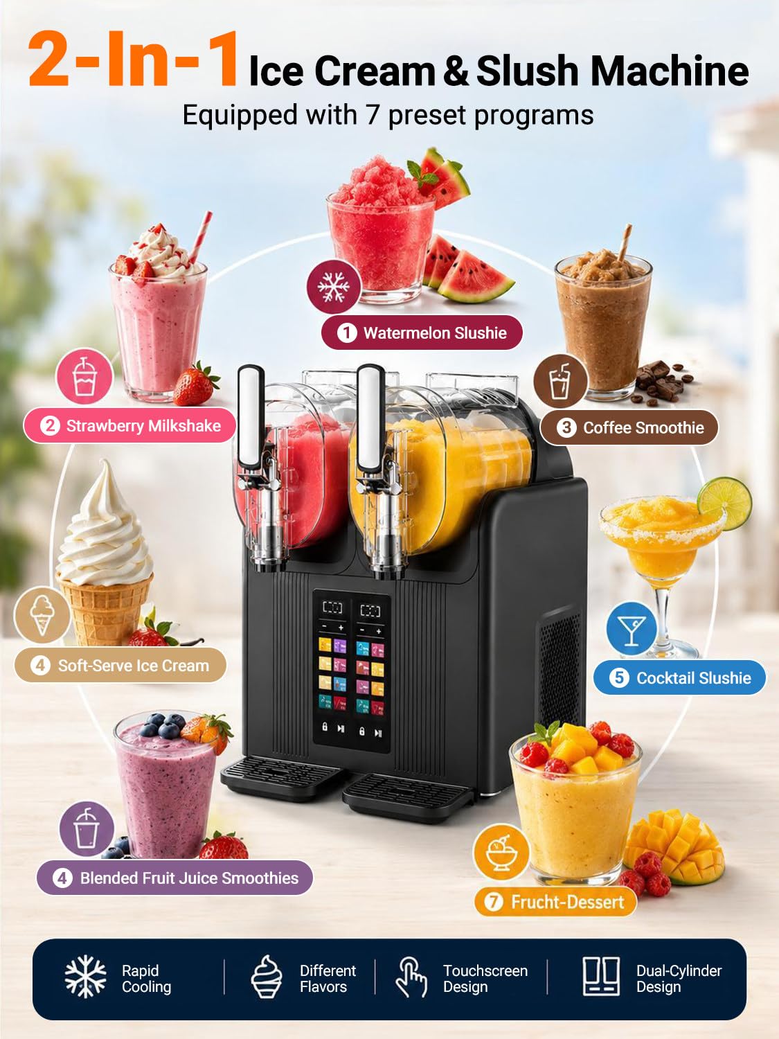 Doble Cámara Margaritas y Dispensador de Helado Soft, 2L Cada Una Black | Prepara Granizado en 15-25 Min y Helado Soft en 30-40 Min; 430 W, 7 Modos, Bloqueo Infantil y Depósitos PC Alimentarios HD